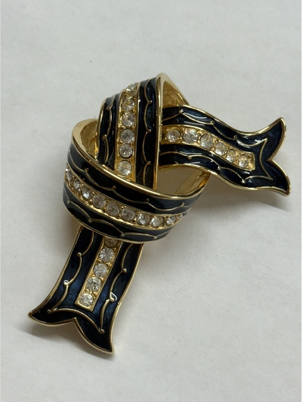 Vintage Joan Rivers Cobalt Blue Enamel Rhinestones Pin Brooch Ribbon Knot Raised